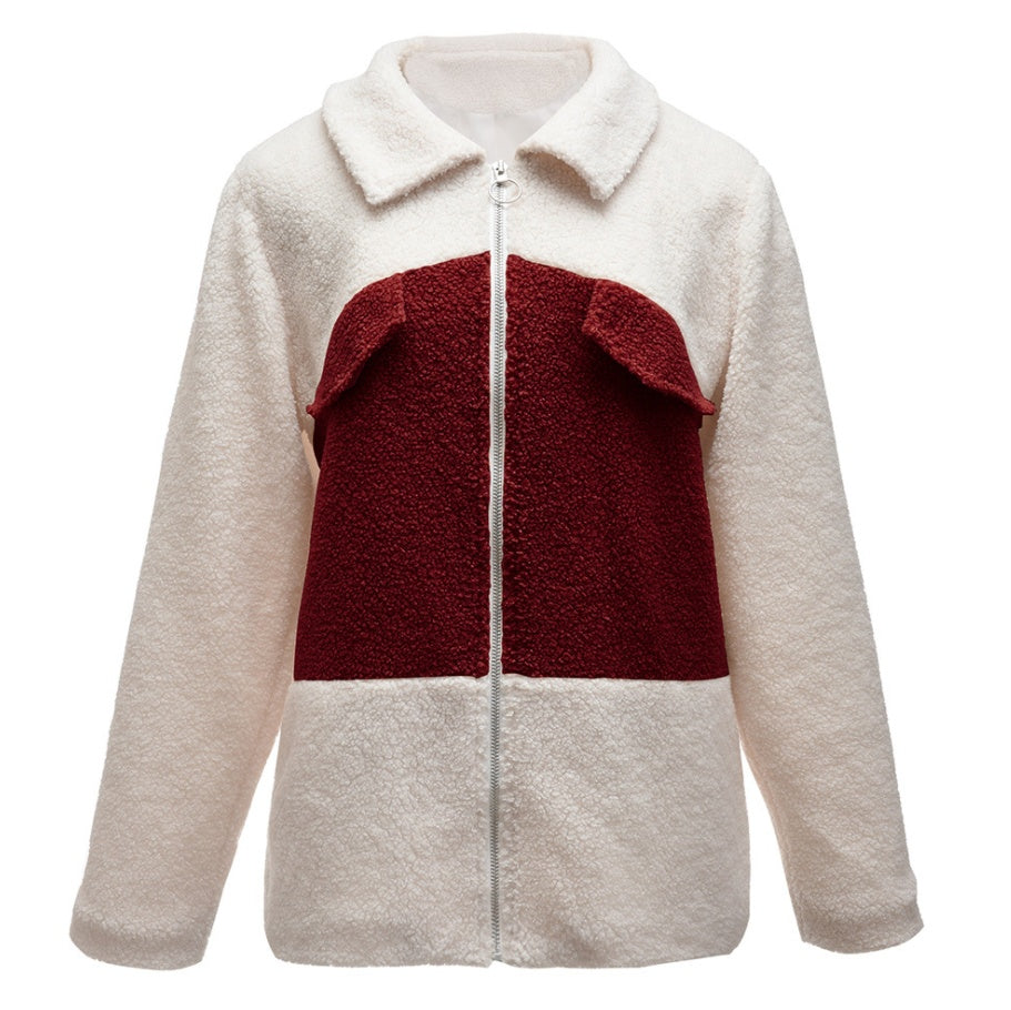 Zip lapel pocket fur jacket