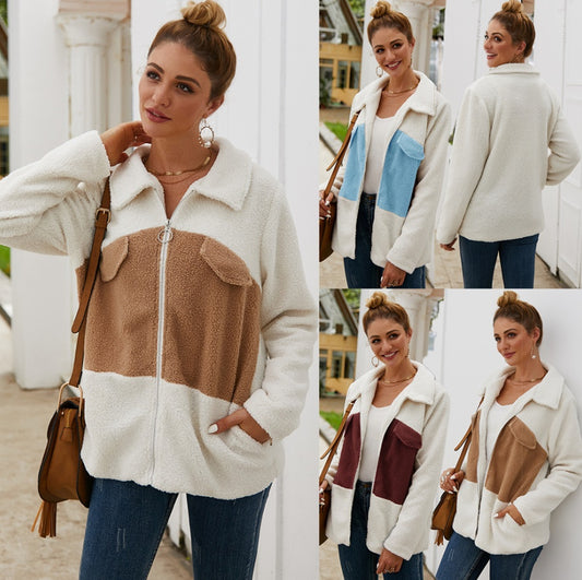Zip lapel pocket fur jacket