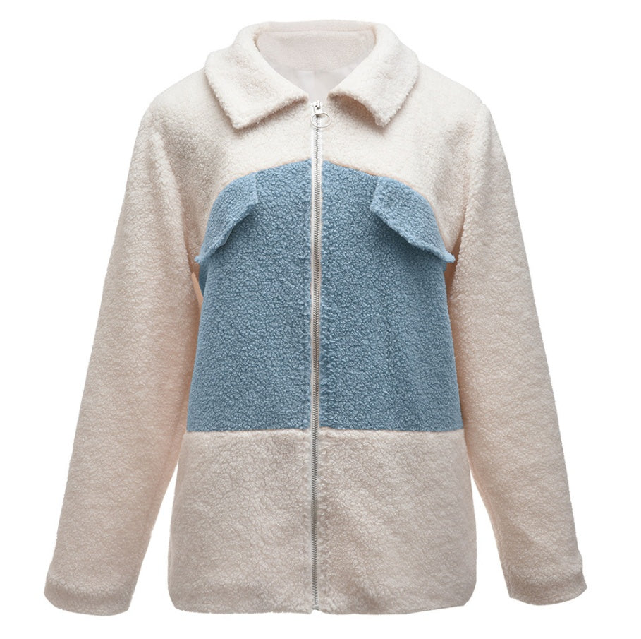 Zip lapel pocket fur jacket